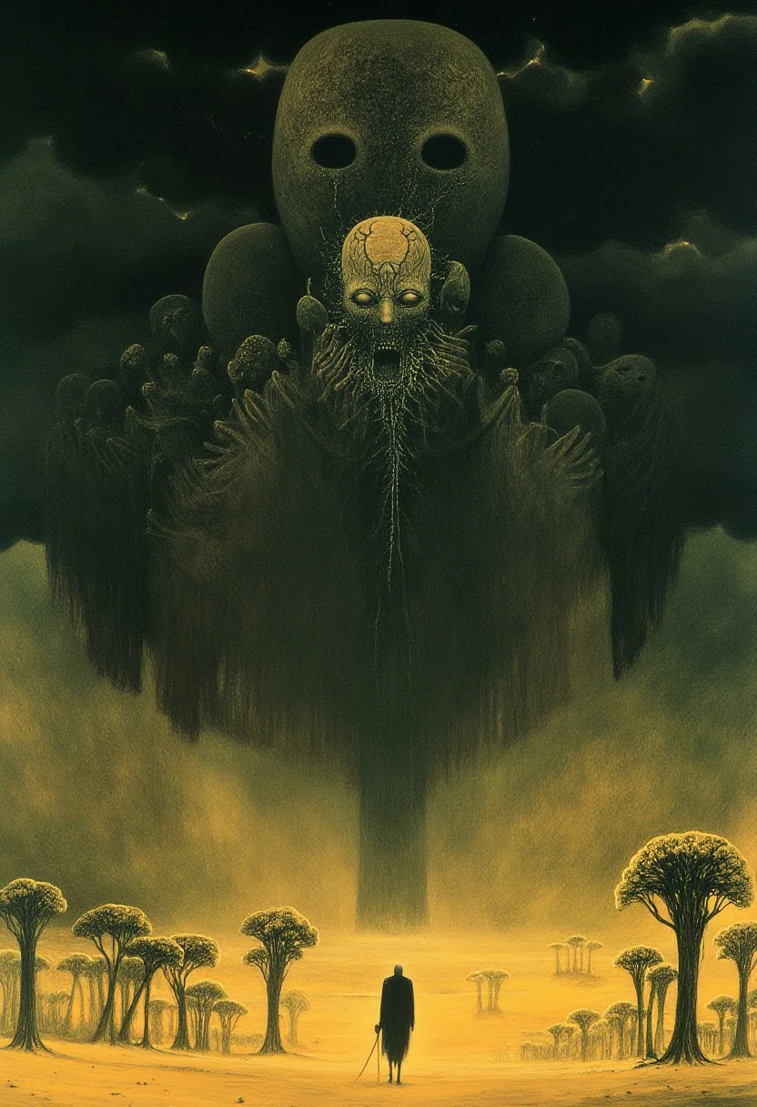 A surreal scene in the style of Zdzislaw Beksinski, showing a desolate desert landscape with giant, twisted statues of faceless figures towering over a lone wanderer. Dark storm clouds loom overhead, with occasional flashes of lightning illuminating skeletal trees scattered across the sand.