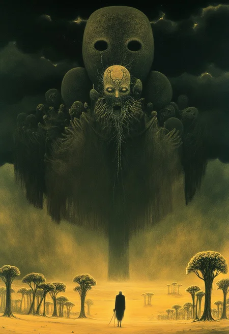 A surreal scene in the style of Zdzislaw Beksinski, showing a desolate desert landscape with giant, twisted statues of faceless figures towering over a lone wanderer. Dark storm clouds loom overhead, with occasional flashes of lightning illuminating skeletal trees scattered across the sand.