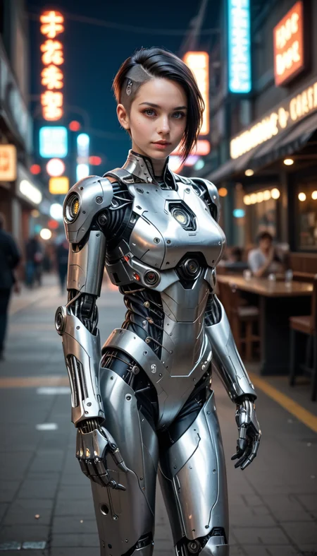 score_9, score_8_up, score_7_up, (Cowboy shoot photo), mechanical android, girl, cute, seductive, innocent, short punk hair, mechanical arms, wires and cables, silver body, glowing led parts, ornaments detailed, sitting outside a pub, neon lights, bright colors, (street night background), (depth of field), (dynamic angle), (fine textures details), (realistic:1.4), (realistic skin:1.4), (sharp), (artistic photo), (analog film grain)