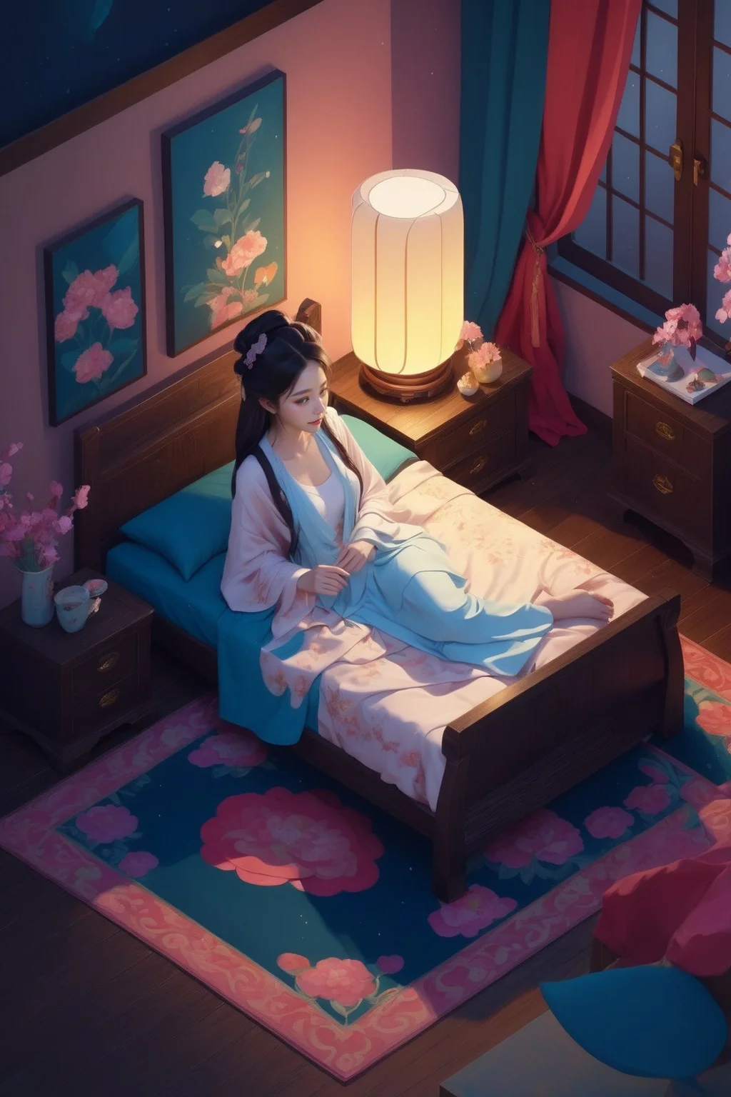 isometric style a girl in the house bedroom,hard lighting . vibrant, beautiful, crisp, detailed, ultra detailed, intricate