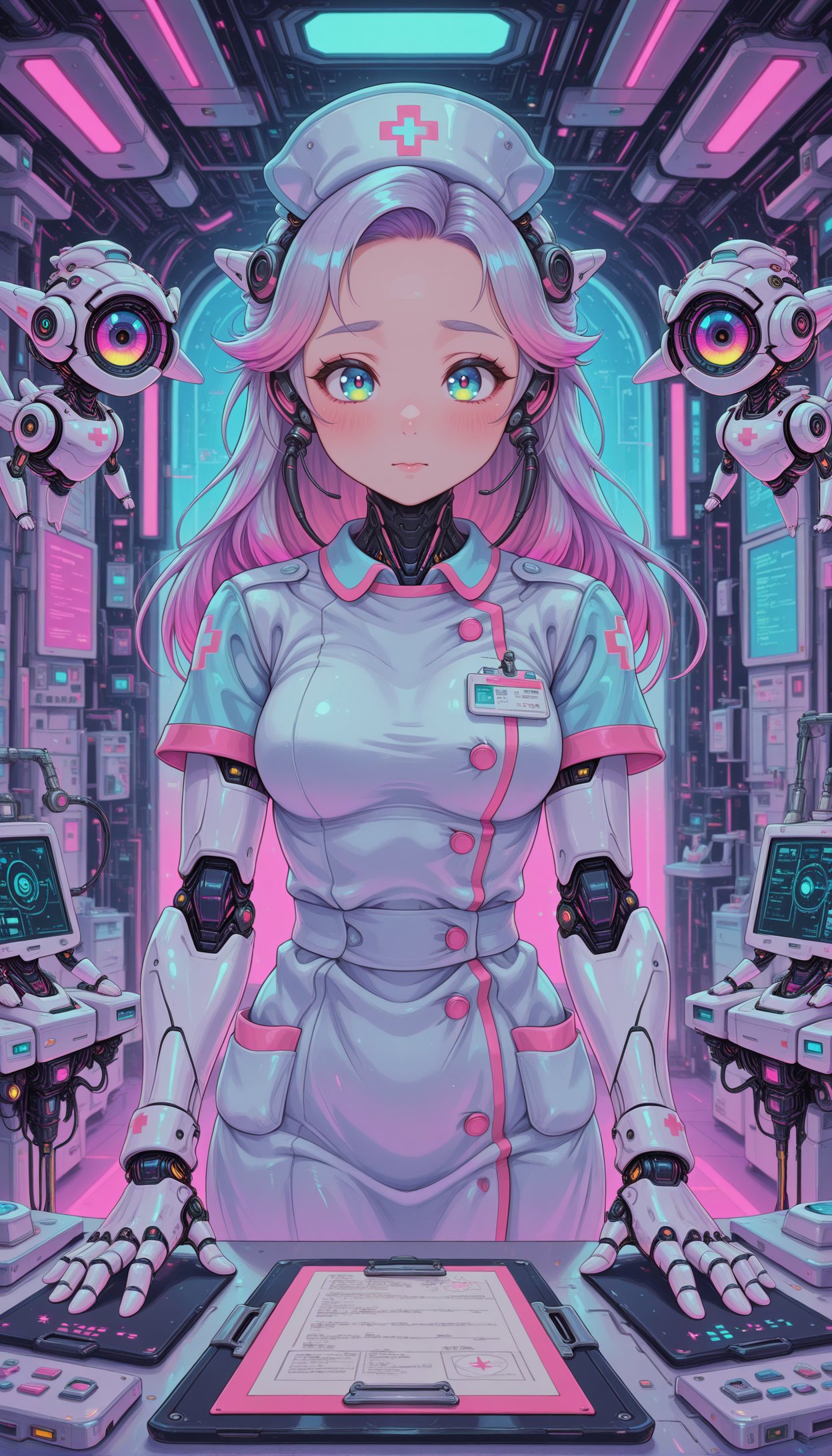 1girl, AI nurse, soft pastel medical uniform, tiny floating robotic helpers, cybernetic clipboard, gentle and caring expression, futuristic hospital masterpiece, best quality, amazing quality, very aesthetic, absurdres, detailed eyes, newest, pinkneoncybercore, <lora:PinkieNeonCybercoreIL:1>,