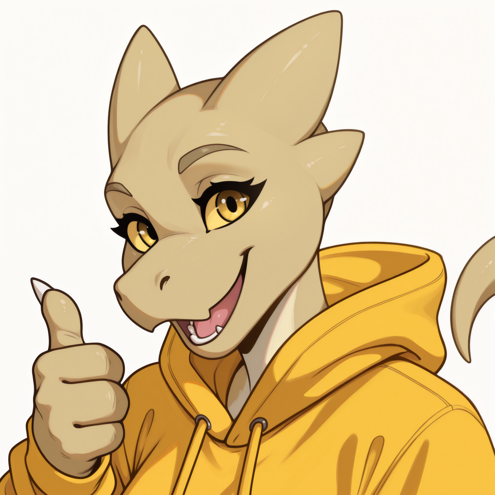 1girl, solo, white background, smile, looking at viewer, yellow hoodie, portrait, thumbs up, slightly open mouth, 
furry female, colored sclera, yellow eyes, tail, colored skin, monster girl, snout, claws, animal ears, 
masterpiece, best quality, <lora:Kaida-guy90-Illust-LoraV1:1>, aadiak