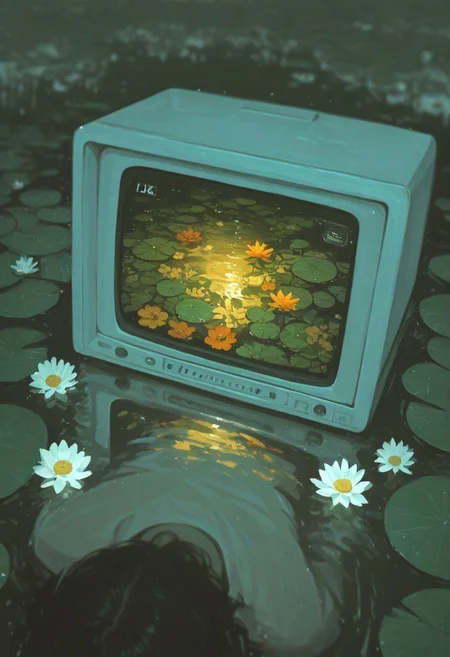 7481llu, masterpiece, best quality, good quality, very aesthetic, absurdres, newest, 8K, solo, 1girl, male focus, flower, from behind, water, blurry, blurry background, white flower, partially submerged, reflection, yellow flower, facing away, television, orange flower, lily pad, surreal, daisy, limited palette,