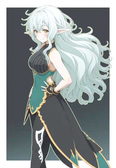 score_9, score_8_up, score_7_up, anime,
1girl, solo focus, from side, happy, smile, blush,
lux(sao), alo-outfit, white hair, long hair, hip-length hair, wavy hair, amber eyes, elf ears, sleeveless, high collar, black top, vertical striped top, white stripes, green bodice, gold trimming, black tights, white detailing on tights, black boots, short boots, coattails, black coattails, hip cutouts, black gloves, fingerless gloves,
perfect eyes, looking at viewer, dutch angle, cowboy shot, standing, hands on hips,