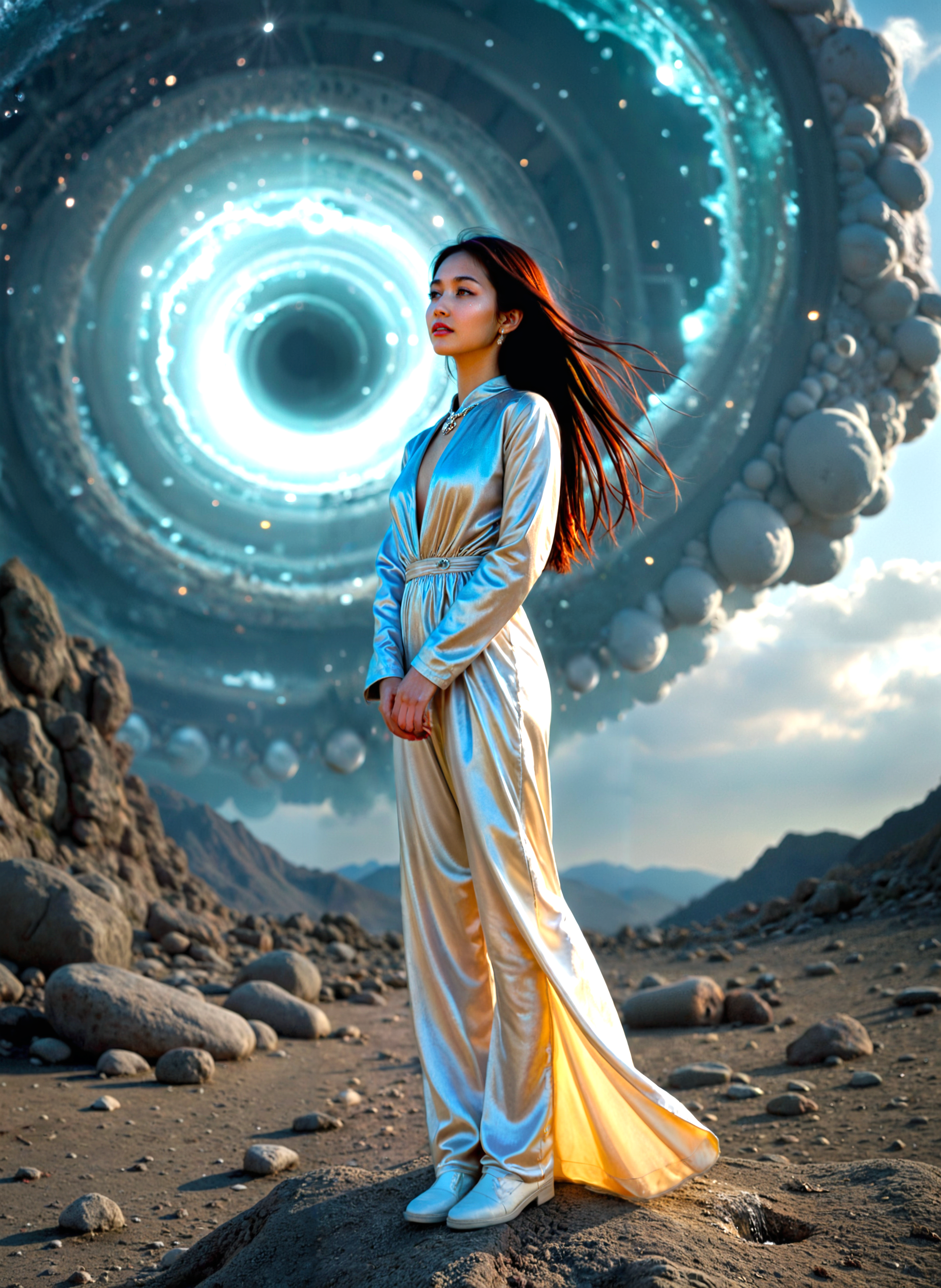 cinematic film still a young woman standing on a rocky terrain with mountains in the background. She is wearing a long, flowing white dress with a high neckline and long sleeves. Her long dark hair is blowing in the wind, and she is looking off into the distance with a dreamy expression on her face. In the center of the image, there is a large, circular vortex that appears to be made up of small, white spheres. The vortex is surrounded by a halo of light, giving it an ethereal and mystical feel. The sky is a deep blue with a few clouds, and the overall color palette is predominantly blue and white. The overall mood of this image is surreal and dreamlike. <lora:add-detail-xl:.5>  <lora:Flux-style-xl-lora:.5>