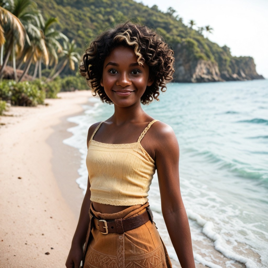 zzLOTOzzmoanazz, brown eyes, brown hair, two-tone hair, short hair, curly hair, blonde tuft, lips, dark skin, dark-skinned female, yellow camisole, bare shoulders, midriff, belt, skirt, seaside, ocean, palm trees, tropical sun, smiling, relaxing