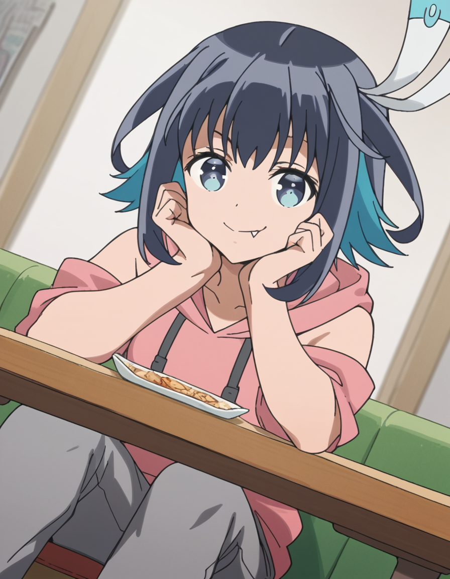 score_9, score_8_up, score_7_up, source_anime, <lora:konoha-akisato-s1-ponyxl-lora-nochekaiser:1>, konoha akisato, blue eyes, black hair, blue hair, multicolored hair, fang, two-tone hair,, sleeveless, pants, hood, hoodie, grey pants, pink hoodie,, indoors, smile, looking at viewer, solo, sitting, head rest, table,, cowboy shot, dutch angle