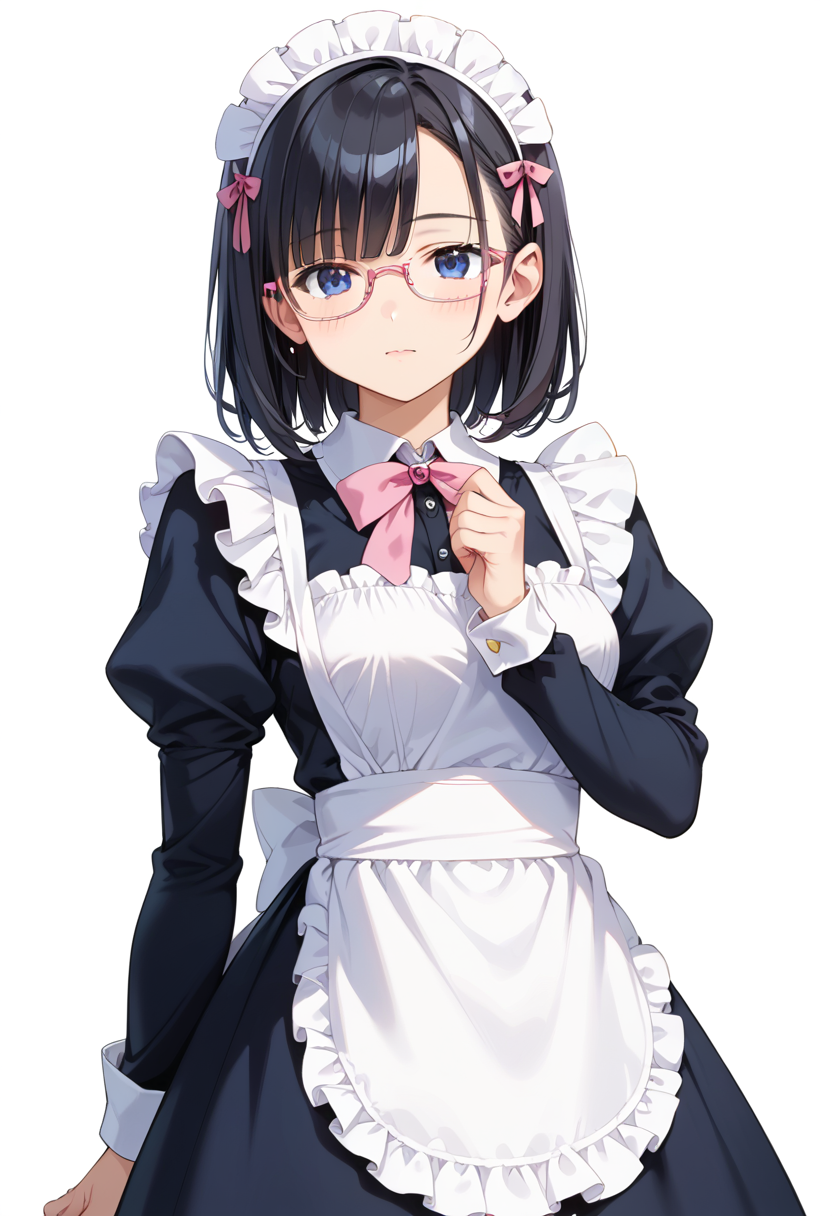 score_9, score_8_up, score_7_up, rating_safe, masterpiece, best quality, absurdres, unity 8k wallpaper, official art, official style, source_anime, uncensored, game cg, megami magazine,
1girl, solo, black hair, medium hair, upper body, covered eyes,maid, maid headdress, black dress, maid apron, face focus,
underrim_metal, glasses, still life, white background, simple background, under-rim eyewear, pink-framed eyewear, 
 <lora:glasses_underRimMetal_PONY_V1:1>