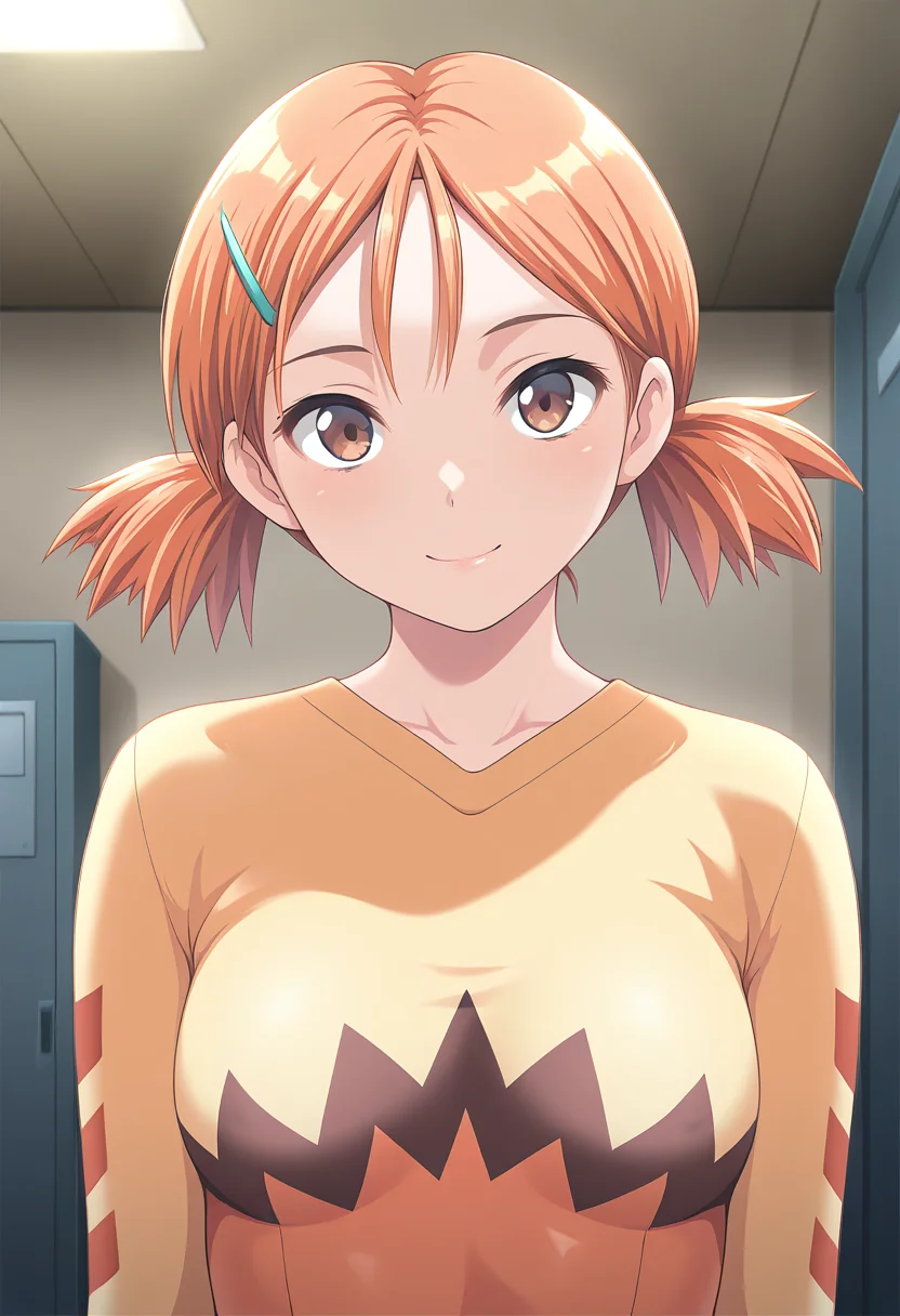 masterpiece, best quality, amazing quality, 1girl, solo, (portrait:1.2), ikukoww, brown eyes, orange hair, short hair, twintails, short twintails, hair ornament, hairclip, small breasts, orange athletic leotard, breasts, long sleeves, looking at viewer, smile, indoors, skindentation, detailed clothing folds, depth of field, sharp, high contrast, dynamic light <lora:Shintaisou_Shin_Ikuko_Takemoto_ill:1>