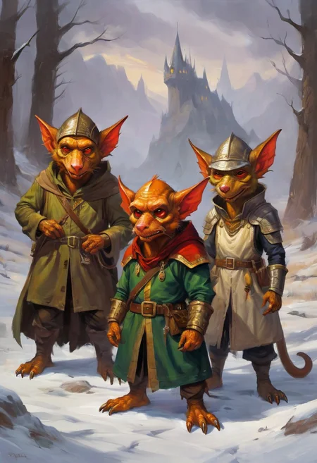 a painting of 3 kobolds in a wizard's trench coat, kobold wizard mafia, cute fantasy art, art, oil painting, digital painting
Furry Creatures or Goblin-like Beings, diminutive, humanoid figures, gnome-like, furry goblin-like beings with cute exaggerated features, dog-dragon like
Elmore_Style_LX, in the style of jeff-easley