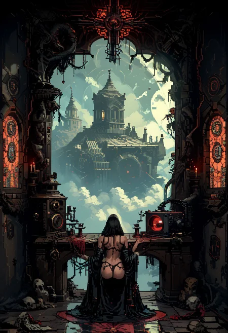 score_9, score_8_up, score_7_up, yamer_pixel_fusion, pixel art,
An alluring priestess, draped in a flowing crimson robe, performs a ritual before an ancient altar. The robe clings to her form, and her eyes glow with an otherworldly light. The background features an intricate stained glass window, casting multicolored light across her and creating a mystical, captivating atmosphere.,
occult lingerie, full view of her booty, big booty, big butt, naughty, looking over her shoulder, seducing with her big butt, sexy ass seductive wide hips, butt cheeks, twerk, in the style of a vintage, high-contrast setting, capture the essence of a campy and sensual satanic ritual. Emphasize theatrical elements with bursts of bright colors against dark, moody backgrounds
, retro futuristic, atompunk, hyper-detailed, dark fantasy, lofi, d3p1x3l, pixel art