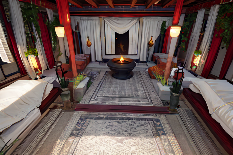 highly insanely detailed, masterpiece, top quality, best quality, highres, 4k, 8k, RAW photo, (very aesthetic, beautiful and aesthetic),  
Ancient Roman Interior Design,RomInt,ancient_roman_bedroom,bed,blanket,intimate_space,candlelight_ambience, 
<lora:RomanInterior-10:0.7>, 
(1girl:1.3), 
1other, 
, 
, 
, 
Utopian Rustic Chinese Interior,scenery,plant,gray velvet couch,gray and yellow cushion,teapot,cup,mountain,tree,wood table,wooden floor,rug,sliding doors,vase,flower pot,potted plant,flower,chandelier,lamp,lantern,food on the table, 
scenery,360 panorama,ultra wide angle,very wide shot,wide angle shot,aerial view,drone view,outdoors,âââ
