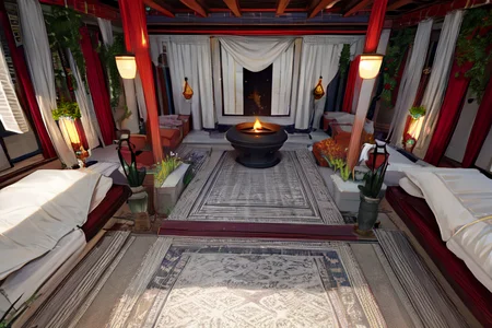 highly insanely detailed, masterpiece, top quality, best quality, highres, 4k, 8k, RAW photo, (very aesthetic, beautiful and aesthetic),
Ancient Roman Interior Design,RomInt,ancient_roman_bedroom,bed,blanket,intimate_space,candlelight_ambience,
<lora:RomanInterior-10:0.7>,
(1girl:1.3),
1other,
,
,
,
Utopian Rustic Chinese Interior,scenery,plant,gray velvet couch,gray and yellow cushion,teapot,cup,mountain,tree,wood table,wooden floor,rug,sliding doors,vase,flower pot,potted plant,flower,chandelier,lamp,lantern,food on the table,
scenery,360 panorama,ultra wide angle,very wide shot,wide angle shot,aerial view,drone view,outdoors,âââ