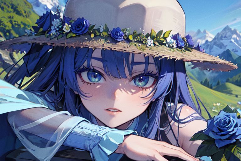 (masterpiece:1.4), 4K8K, (anime style), (high shutterspeed:1.4), (sharp edges), 
plants niji style,
flower rose, 1 woman prey with hands togather, neeling, leaning foward, 
wearing Celtic style dress, (Detailed face, Detailed eyes), 
im lapis lazuli colored roses, Alps in the background,
