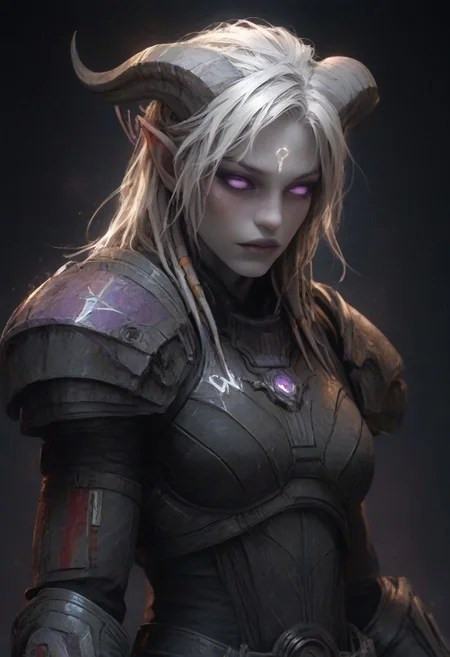 (absurdres, best quality, masterpiece:1.4), score_9, score_8_up, score_7_up, score_6_up, detailed, detailed body, detailed face, world of warcraft, fantasy, <lora:add-detail-xl:1.5>,
fFaceDetail, SkinDetail, fFaceDetail, (female, draenei, h0rns, ram horns, white horns, tall, pale white skin, long white hair, purple eyes, no pupils, no sclera),
n7 armor,
alone, upper body,
fantasy village background,