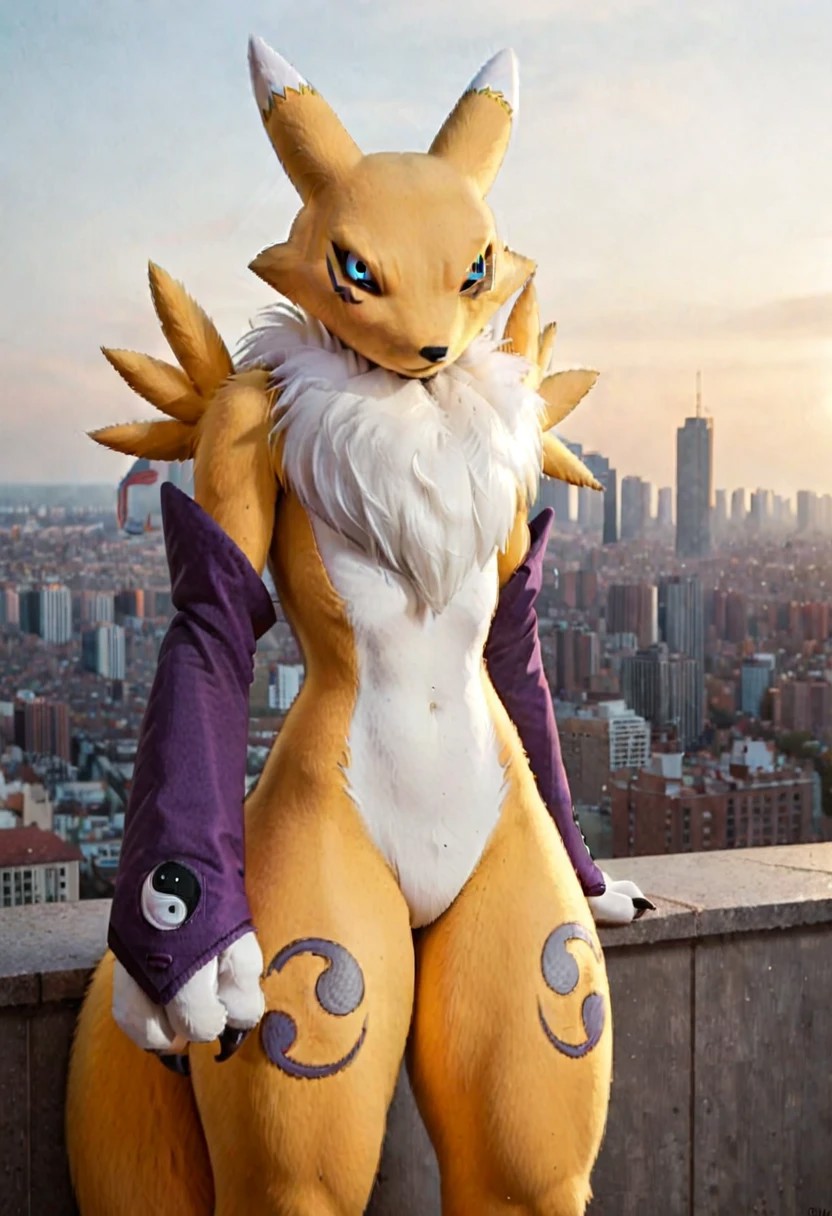 score_9, score_8_up, score_7_up, score_6_up, score_5_up, score_4_up, BREAK, solo, 1girl, renamon, anthro, furry, furry female, furry body, detailed fur, realistic fur, yellow fur, blue eyes, black sclera, flat chest, thin waist, slender waist, thick thighs, huge thighs, (tail:1.5), dipstick tail, mostly nude, purple bridal gauntlets, no nipples, featureless crotch, action pose, dynamic pose, arched back, city rooftop, photorealistic, hyperrealism, photography, real life