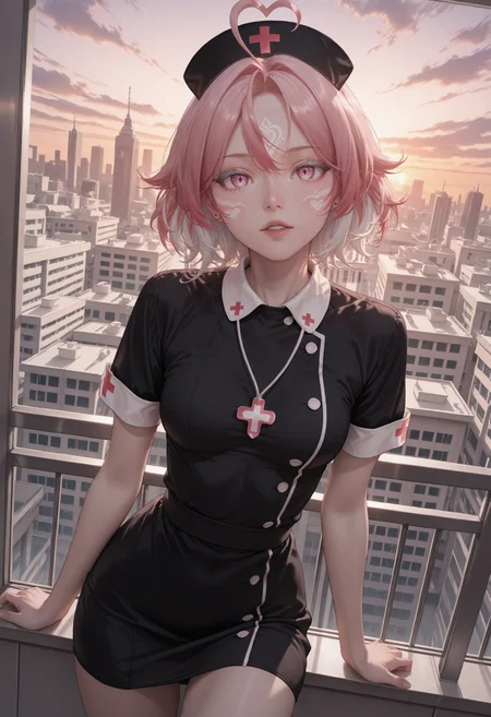 masterpiece,best quality,absurdres,very awa,highres,newest,year 2024,year 2023,<lora:illustrious_noobai_epsilon_pred_1_masterpieces_v1:0.7>,<lora:ponyv4_noob1_2_adamW-000017:0.7>,<lora:spo_sdxl_10ep_4k-data_lora_webui:0.6>,<lora:add-detail-xl:0.9>,<lora:KonyaKarasue-000008:0.4>,<lora:Isha_Illus_XL_1131795:0.6>,ishaILXL,heart ahoge,pink eyes,skinny,multicolored hair,white hair,pink hair,24 yo,24 year old girl,(white eyelashes:1.3),dynamic background,small breasts,detailed,dynamic_angle,dynamic pose,facial mark,
masterpiece,best quality,amazing quality,very aesthetic,detailed eyes,perfect eyes,realistic eyes,((full lips)),makeup,slim body,small ass,medium breast,((black nurse dress:1.4)),front view,looking at viewer,building roof,sunset,