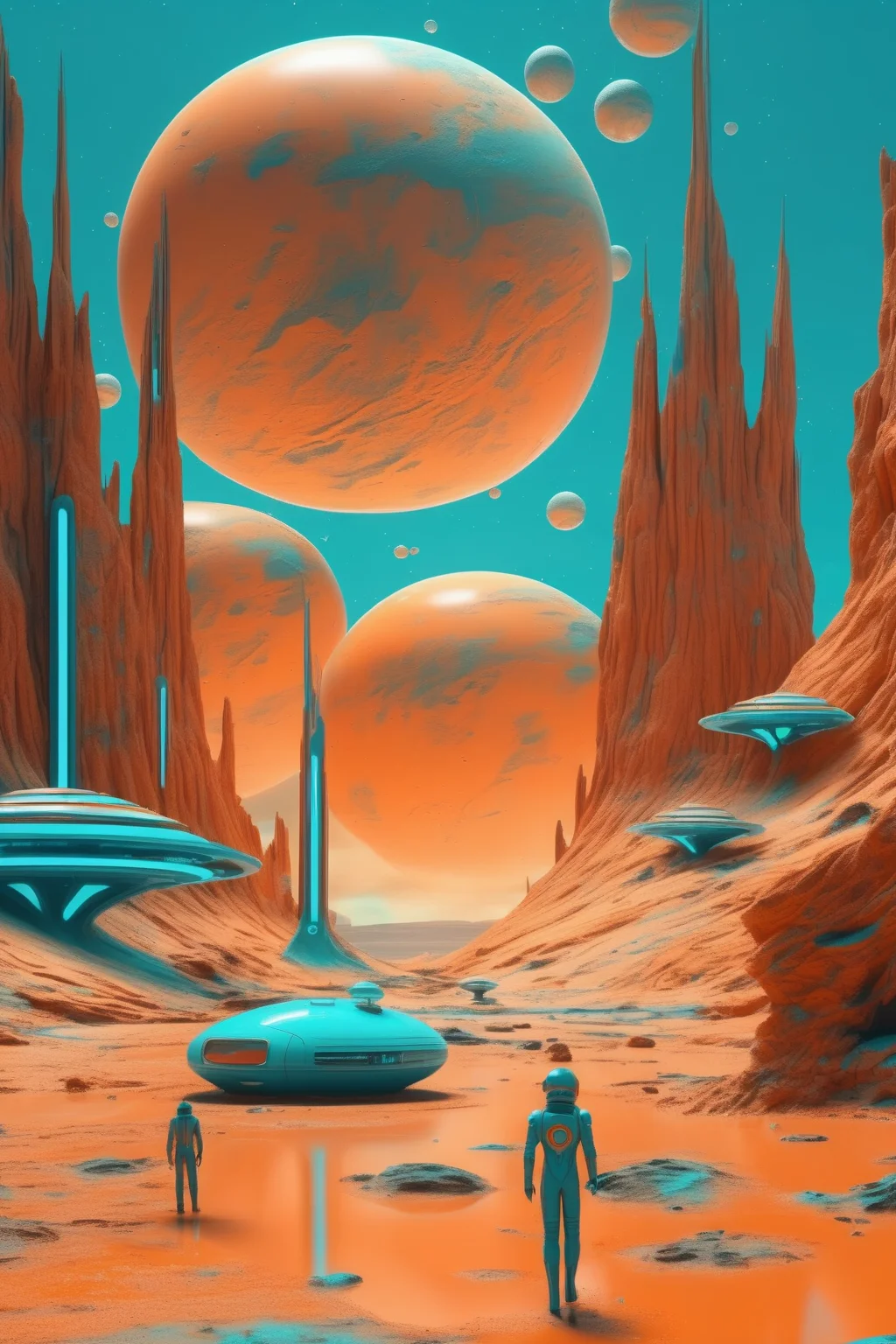 <lora:Christopher Balaskas Style:1>Christopher Balaskas Style - retrofuturistic scene on a planet, beigue orange and azure palette