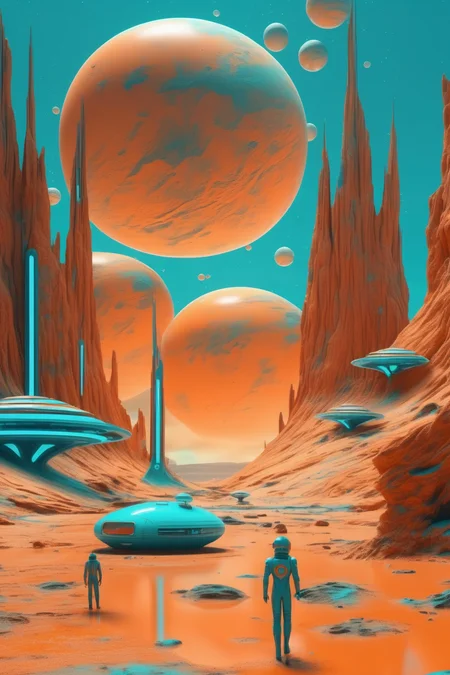 <lora:Christopher Balaskas Style:1>Christopher Balaskas Style - retrofuturistic scene on a planet, beigue orange and azure palette