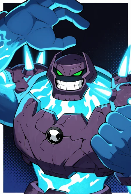 <lora:shockrock-09:1> shockrock, glowing, solo, big arms, big hands, Blue shoulder spikes, 1boy, no humans, green eyes, blue energy body, energy body, moss gray chest plate, Blue hands, smile, teeth, grin, blue Arms ,blue neck, energy being, blue waist, pose,, masterpiece, best quality, amazing quality, very aesthetic, absurdres, newest,, upper body, halftone effect, white borders, abstract background:1.2,