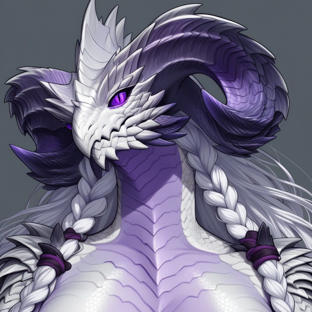 Arkveld, horns, braid, purple eyes, solo, long hair, looking at viewer, 1girl, white hair, colored sclera, scales, colored skin, twin braids, simple background, grey background, portrait, upper body, breasts, dragon horns, slit pupils