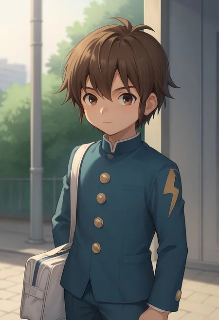 score_9, score_8_up, score_7_up, source_anime, highly detailed, 
handa, 
1boy, male focus, solo, brown hair, hair between eyes, brown eyes, school uniform, gakuran, jacket, blue jacket, long sleeves, buttons, pants, blue pants, bag, school bag,
outdoor,