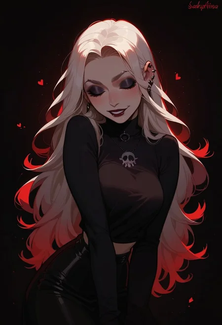 score_9, score_8_up, score_7_up, score_6_up, pretty woman, 21 year old, 1girl, very pale skin, white skin, goth girl, emo, eyeliner, eyeshadow, white hair, long hair, straight hair, closed eyes, happy, smile, pretty face, long hair, long sleeves, shirt, skirt, sexy pose