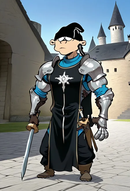 Masterpiece, best quality, 8k, newest, absurdres, highly detailed, 1boy, solo, eddboi, sockhead, extremely muscular, white sclera, black pupils, smooth black beanie, heavy armor, knight armor, tabard, holding sword, medieval setting, castle background detailed background, A3THER