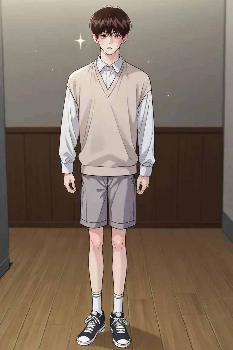 score_9, score_8_up, score_7_up,score_6_up,score_5_up,score_4_up,source_anime,BREAK, rating_safe, intricate details , , , anime screencap, anime coloring, official style, depth of field,1boy, solo, male focus , , , <lora:yo_il:0.84>,won yo il,dark brown hair,brown eyes,short hair,blush, shirt, long sleeves, standing, white shirt, full body, parted lips, shorts, shoes, collared shirt, socks, sparkle,shirt tucked in, white socks, sneakers, pale sweater vest, grey shorts,looking at viewer,indoors , , , <lora:sdxl_lightning_8step_lora_315544:1>