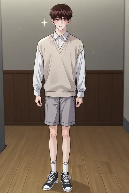 score_9, score_8_up, score_7_up,score_6_up,score_5_up,score_4_up,source_anime,BREAK, rating_safe, intricate details , , , anime screencap, anime coloring, official style, depth of field,1boy, solo, male focus , , , <lora:yo_il:0.84>,won yo il,dark brown hair,brown eyes,short hair,blush, shirt, long sleeves, standing, white shirt, full body, parted lips, shorts, shoes, collared shirt, socks, sparkle,shirt tucked in, white socks, sneakers, pale sweater vest, grey shorts,looking at viewer,indoors , , , <lora:sdxl_lightning_8step_lora_315544:1>