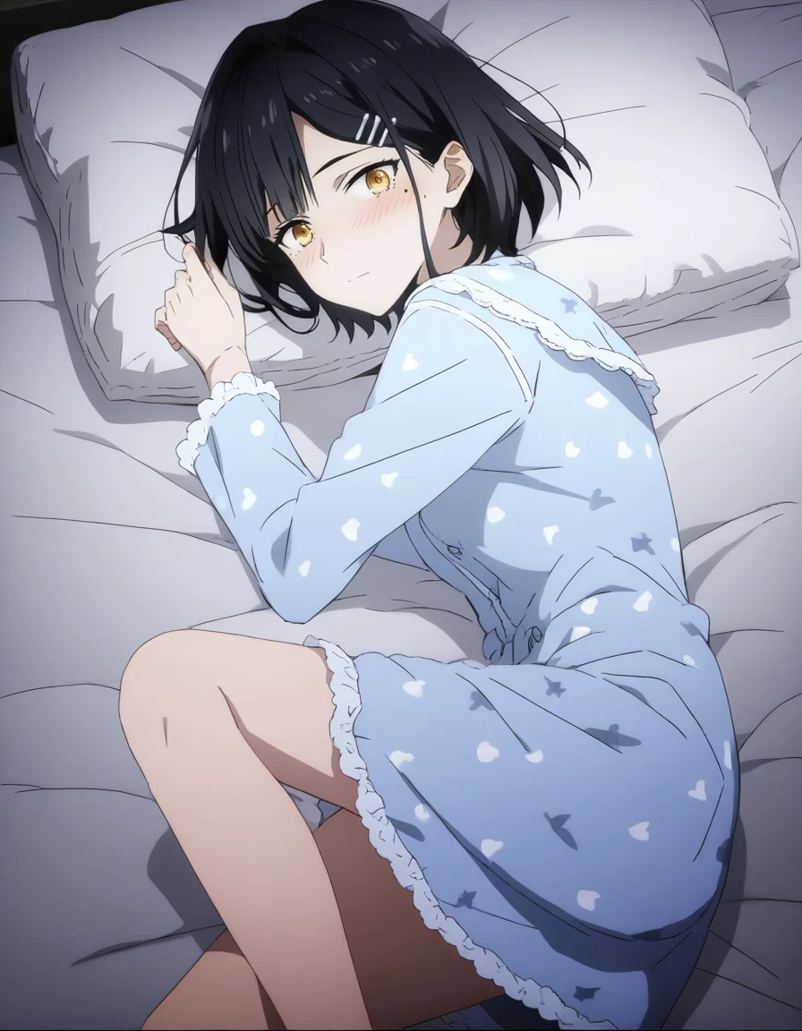 score_9,score_8_up,score_7_up,source_anime,looking at viewer,legs,pajamas,bedroom,bed,lying,blush,
xytx-jie,1girl,solo,black hair,short hair,yellow eyes,mole under eye,hair ornament,hat,<lora:jie_pony:0.8>,<lora:Anime_Screencap:1>,anime screencap,