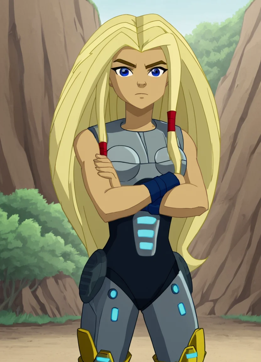 <lora:TorunnPony2.0:0.9> torunn, 1girl, long hair, blonde hair, solo, blue eyes, bodysuit,wristband, breastplate,boots,hair tubes, looking at viewer, outdoors, crossed arms,