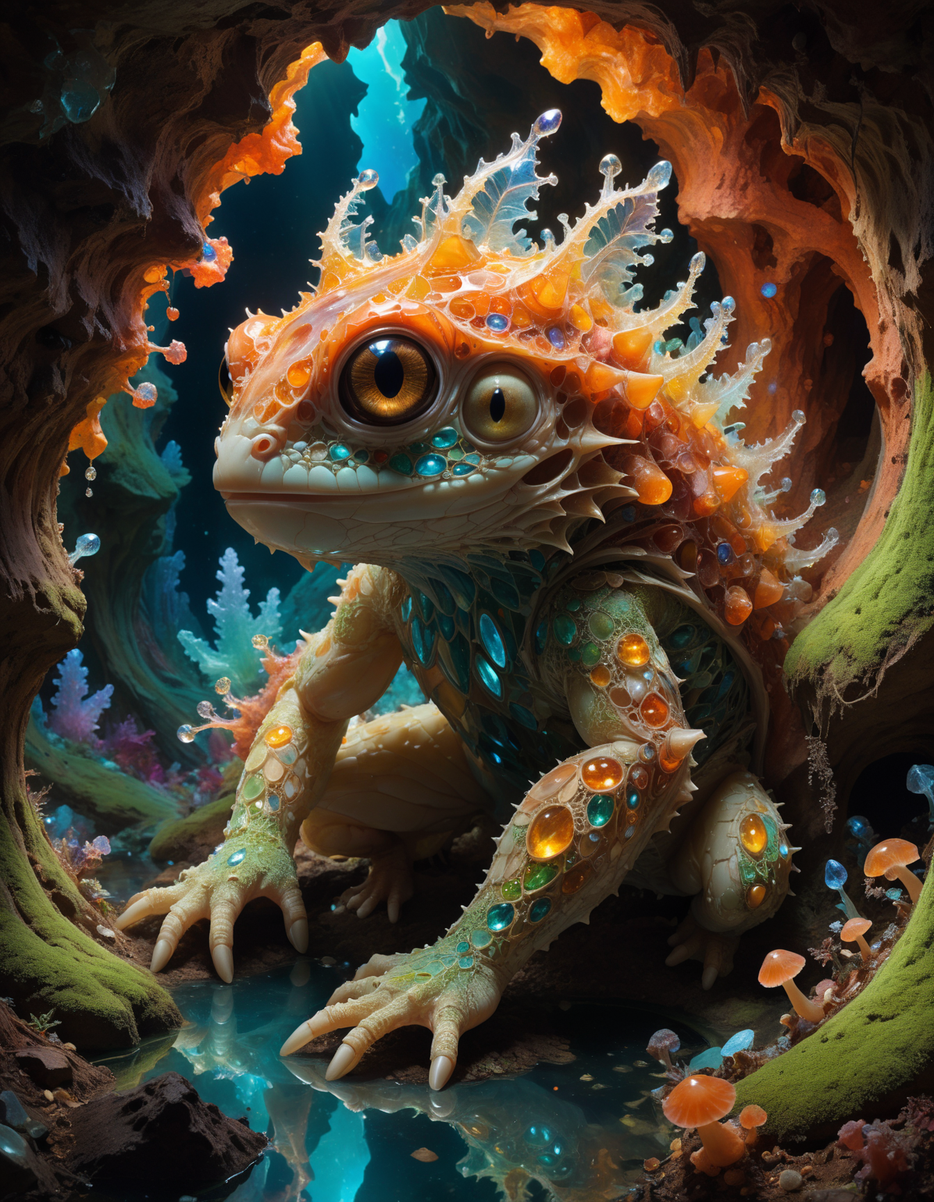 hyper realistic and highly detailed, by Annie Leibovitz and Sachin Teng, panoramic wide angle shot of an phenomenally beautiful otherworldly landscape, famous artwork by (vincent chong:1.1) and (alan pollack:1.2), detailed expressive eyes, fantasy style, deep in the crystalline caverns of planet alderwaran tertius roams a silicon-based life form, the rude honkxygler, shown here as it is emerging from its tunnel lair in the vibrant, gemstone-studded walls of the underground snickerwhirl, this creature is covered in crystalline eggerfroggle arranged in colorful fractal patterns, reflecting the iridescent glow of the bioluminescent fungi around it, one should watch out for its dangerous norbsemblic tail, award winning, film grain, dramatic lighting, movie still frame, depth of field,  (masterful, professional, intricate details, masterpiece, best quality:1.5)
<lora:add-detail-xl:0.5> <lora:xl_more_art-full_v1:0.5>