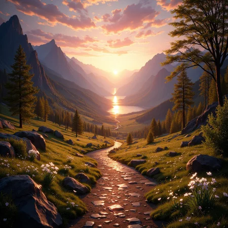 A path winds through a misty valley towards tall mountains surrounding a large lake. The setting sun goes below the horizon, painting the sky in vivid hues of red, orange, and gold. Ancient white birch trees line the path, their spring green leaves, petals glowing with an ethereal radiance. Dew-kissed grass sparkles as sunbeams dance across the landscape. small patches of snow are melting. Puffy clouds catch the evening light, transforming into floating islands of color. In the distance, the mountains' peaks submerge in shadow. As the world stirs to life, luminous white flowers curl up along the roadside, their soft glow harmonizing with the green leaves.