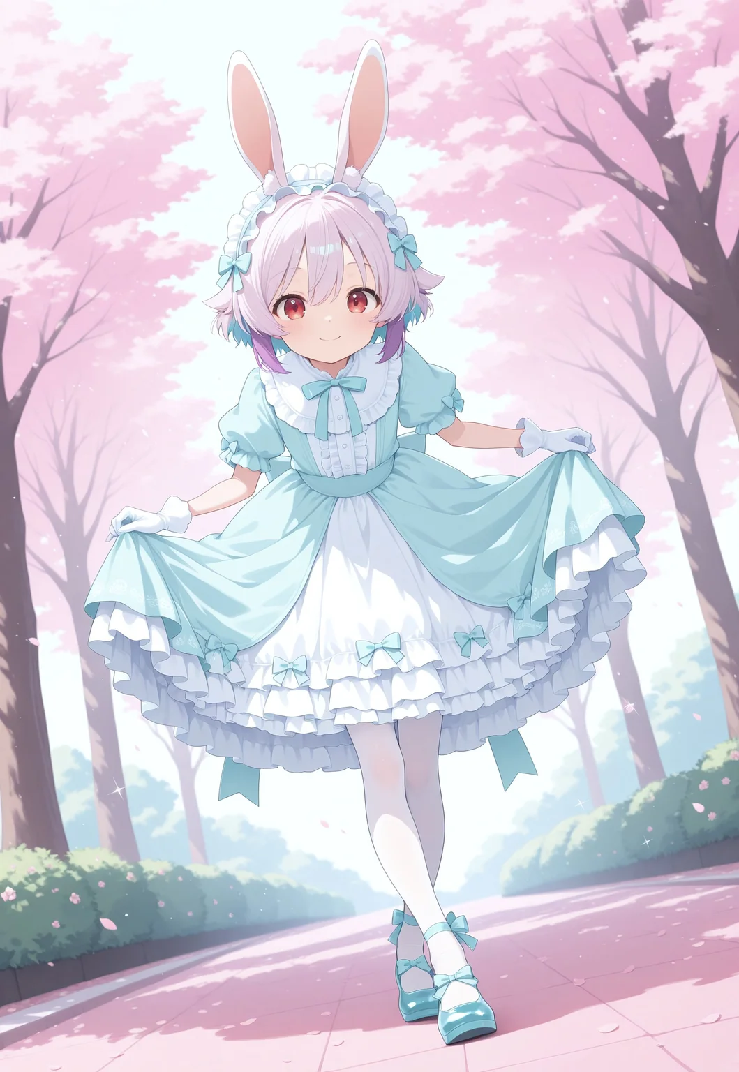 1girl, usami-chan, two-tone hair, multicolored hair, masterpiece, best quality, absurdres,
(pastel theme, lolitafashion:1.2), (pastel blue, aqua colors), pastel lolitafashion, sweet lolitadress, shiny lolitadress, victorian dress, kawaii, cute, moe, puffy padded dress, petticoat, puffy sleeves, pastel colors, pastel blue, frilled wide skirt, white pantyhose, pastel dress, puffy sleeves, gloves, pastel headdress, many bows, multiple bows, ribbons, frills, frilled fabric, center frills, sparkles, glitter, cute lolitashoes, leg ribbon,
outdoors, nature, park, cherry blossom trees,
solo, (three quarter view), full body, dynamic pose, dutch angle, looking at viewer, happy smile, curtsey, skirt hold, (crossed ankles), bowing, leaning forward,
intricate, highly detailed, majestic, shallow depth of field, movie still, circular polarizer