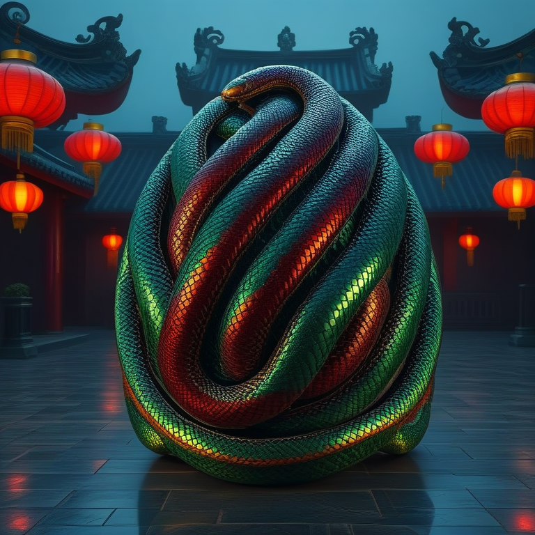 sn4k3bug egg, metallic scales in green, red, and gold colors. sn4k3bug create a detailed texture while forming all parts of the egg. The setting is a traditional Asian environment, featuring glowing red lanterns, typical architecture in the background, and a reflective stone floor. Soft lighting highlights sn4k3bug shimmer, ensuring the egg looks cohesive and colorful, maintaining a mysterious and vibrant atmosphere. <lora:sn4k3bug:1.55>