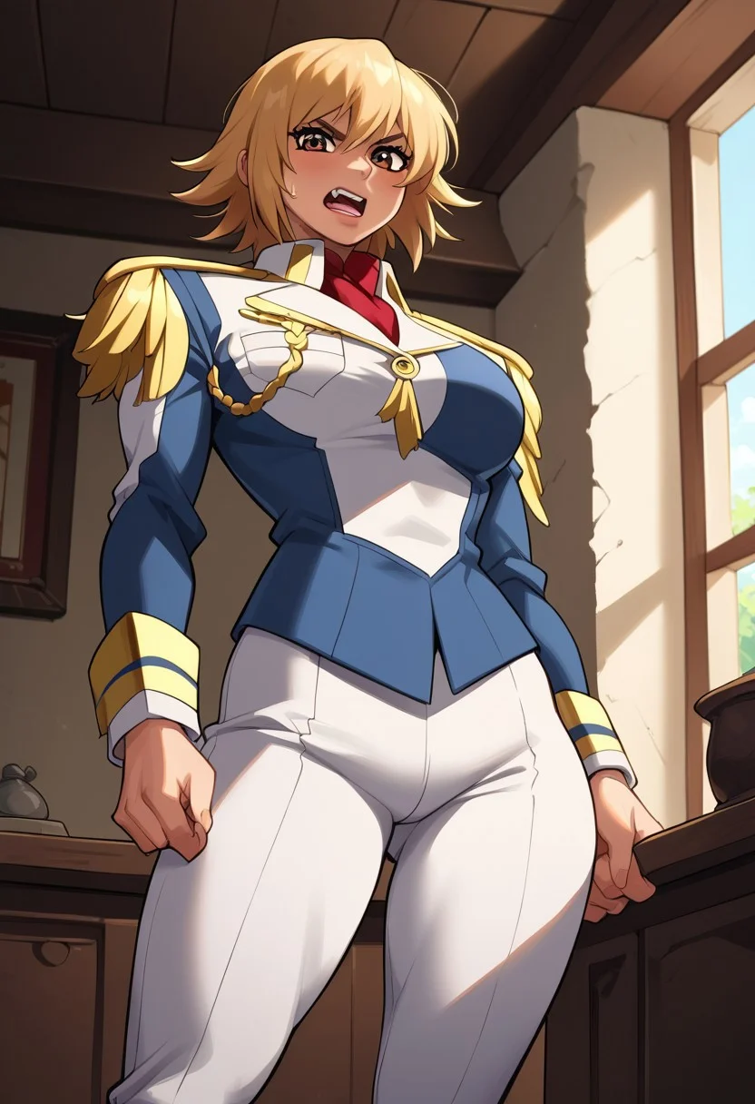 score_9, score_8_up, score_7_up, highest quality, score_9, source_anime, BREAK, detailed background, 4k, highest quality, huge ass, day, long legs, 1 girl, score_7, firm breasts, perfect,busty female, venus body, upper body, narrow hips, voluptuous, thick thighs, ok, tall size, perfect hands, indoors, bedroom, dark, tall body, detail_up, hourglass figure, venus body, wide hips, detail_up, huge ass, perfectly drawn eyes, sweat, flat, looking at viewer, straight shot, sexy pose, close up, legs out of frame, detailed eyes, upper half, cowboy_shot, hands, large breasts, toned body, angry, yelling, standing, sexy pose, mad, evil face, thick ass, cartoon eyes, Expressiveh, charturnerv2, fontezxl, low view, looking down, breast focus, focused, enraged, 1girl, cagalli, blonde hair, short hair, brown eyes,commander, epaulettes, military uniform, white pants,