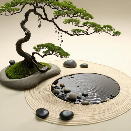 Zen garden, melting rocks, warped perspective, computer code ribbons, ants carrying pebbles, bonsai tree with long, flowing branches, dreamlike, illogical