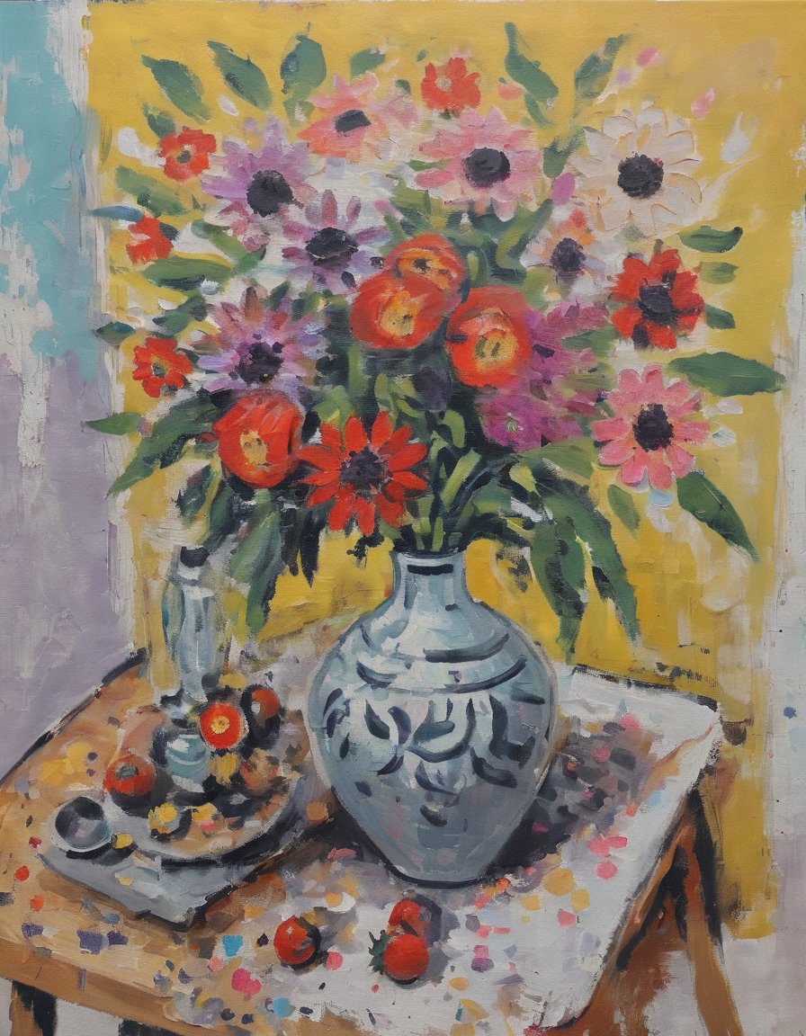 <lora:m4t1:0.8>m4t1 woman flowers, vase, thick paint, canvas, brushstrokes