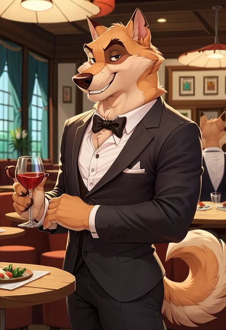 score_9, score_8_up, score_7_up, Kaltag, alaskan malamute, anthro, solo, smile, tuxedo, formal wear, restaurant background, detailed background, high res, ultra quality