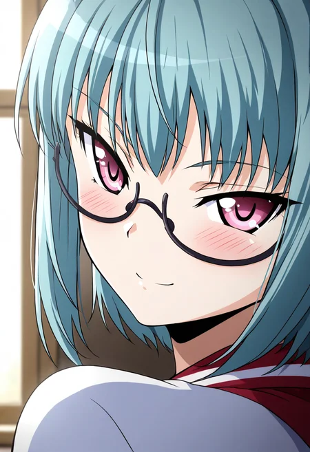 [[THAT MOMENT WHEN YOU GET CAUGHT BUT YOU WANTED TO BE CAUGHT]],  masterpiece, best quality, 2girl, eyelashes, (beautiful eyes),   zzSuzu, pink eyes, aqua hair, short hair, semi-rimless glasses,   looking at viewer, blush, smile, closed mouth, blue hair, purple eyes, glasses, semi-rimless eyewear, close-up,  (tsurime, :3),    ,<lora:SuzuMidori_KanojoX3_IXL_v1:1.0>,