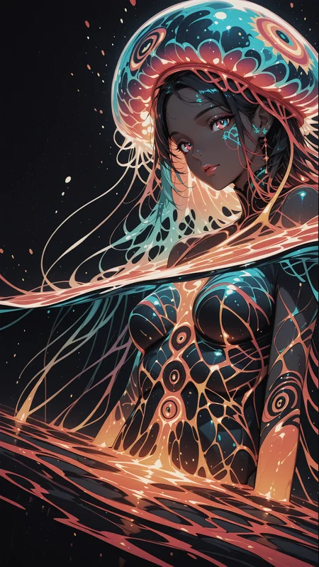 anime, comic, dynamic angle, masterpiece, best quality, 8k, beautiful, hot, seductive, (eye contact: 1.1), (looking at the viewer), brown eyes, beautiful face, hyper detailed, ultra high resolution, woman, extra long hair, wavy hair, coral reef, under water, detailed eyes, luscious lips, (bright studio lighting:1.2), f2, 35mm, film grain, underwater_scene, (huge jellyfish as a pump hood:1.2), bioluminescent dress, woman Illuminated by the ethereal glow of bioluminescent jellyfish, underwater volcano, the lava spreads in the water, surrounds the woman, lava merges with the water current in the most beautiful setting of pure chaos, romantic atmosphere, under water, bioluminescent structures, symphony of water and joy, soft illumination, zentangle, mandala, tangle, entangle, (fractal art:1.2), (hyperdetailed:1.2), (intricate details:1), (Refined details:1.2), (detailed radiant face:1.1), liquid hair, jedsplu,jedsplu style,psychedelic colors <lora:Psylustrious:0.8>, bioluminescence, black background, very dark, neon glow, <lora:reij-detaILer:0.6>