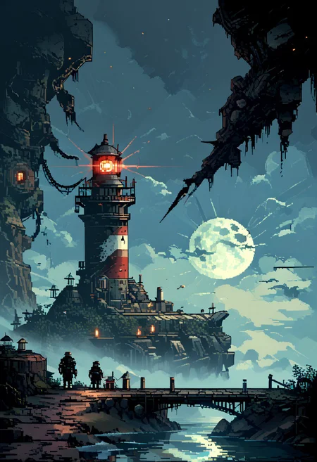 score_9, score_8_up, score_7_up, yamer_pixel_fusion, pixel art,
(lighthouse:1.2)
god rays,
in the style of a vintage, high-contrast setting, dark and mysterious atmosphere, Resplendent spotlighting, Emphasize theatrical elements with bursts of bright colors against dark, moody backgrounds,
etro futuristic, atompunk, hyper-detailed, scifi, lofi, d3p1x3l, pixel art, a broken moon hangs in the sky