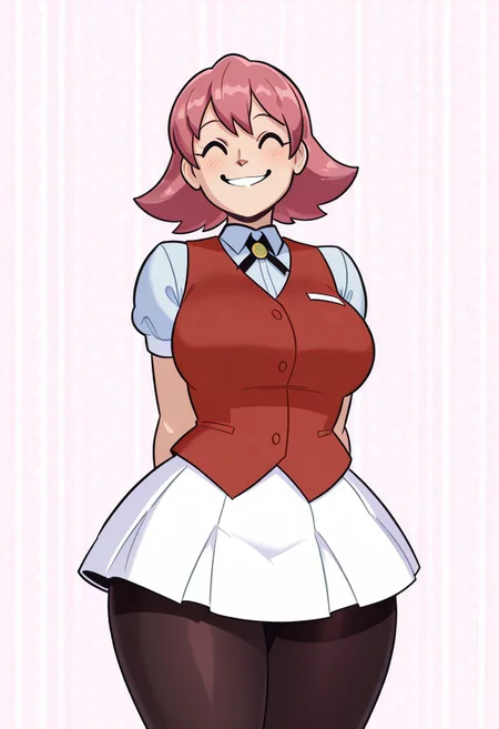 , detalied, extremely detailed, beautiful, patterned background, beautiful lighting,
1girl, ACFemaleVillagerMK8, pink hair,cute clothes (red vest, white skirt, black pantyhose), front view, happy ,smiling,closeup