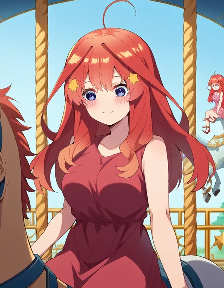 score_9, score_8_up, score_7_up, source_anime, <lora:itsuki-nakano-s2-ponyxl-lora-nochekaiser:1>, itsuki nakano, bangs, long hair, blue eyes, hair between eyes, ahoge, red hair, star (symbol), hair ornament, star hair ornament, large breasts, <lora:carousel-ponyxl-lora-nochekaiser:1>, carousel, sitting, riding,, blush, smile, casual dress, solo,,