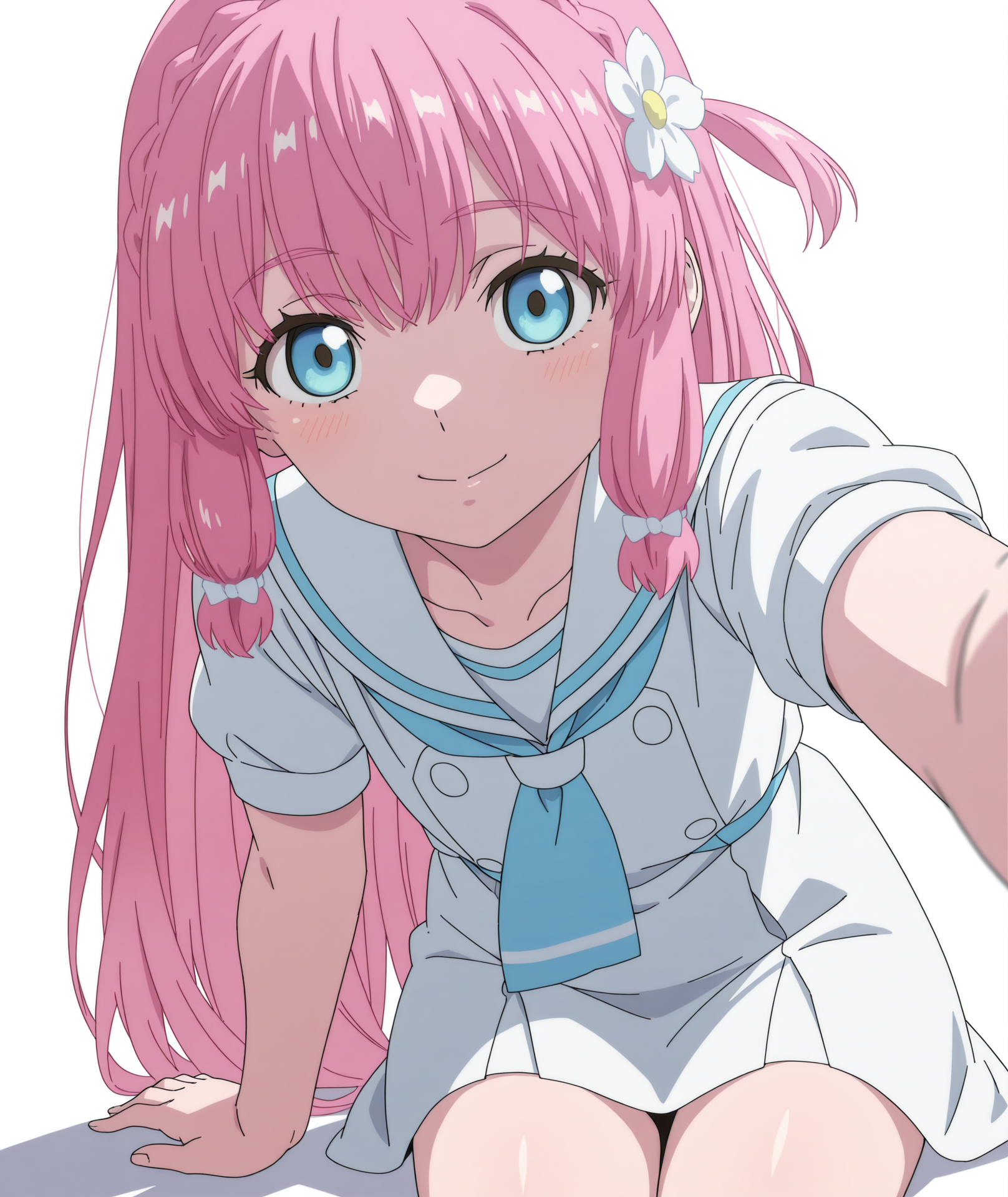 highres, hi res, best quality, masterpiece, 2d, intricate details, 4k, anime coloring, uncensored, shaded, shadow, countershading,
1girl, solo, female, eyelashes, nose, long hair, bangs, blue eyes, hair ornament, pink hair, braid, flower, hair flower, crown braid,
dress, short sleeves, sailor collar, white dress, sailor dress, school uniform, serafuku, 
cowboy shot, foreshortening, looking at viewer, facing viewer, front viewer, sitting, leaning forward, arm support, 
depth of field, white background, <lora:Nei_Ookawamura_ILXL:1>, mato seihei no slave, ookawamura nei \(mato seihei no slave\), ookawamura nei,