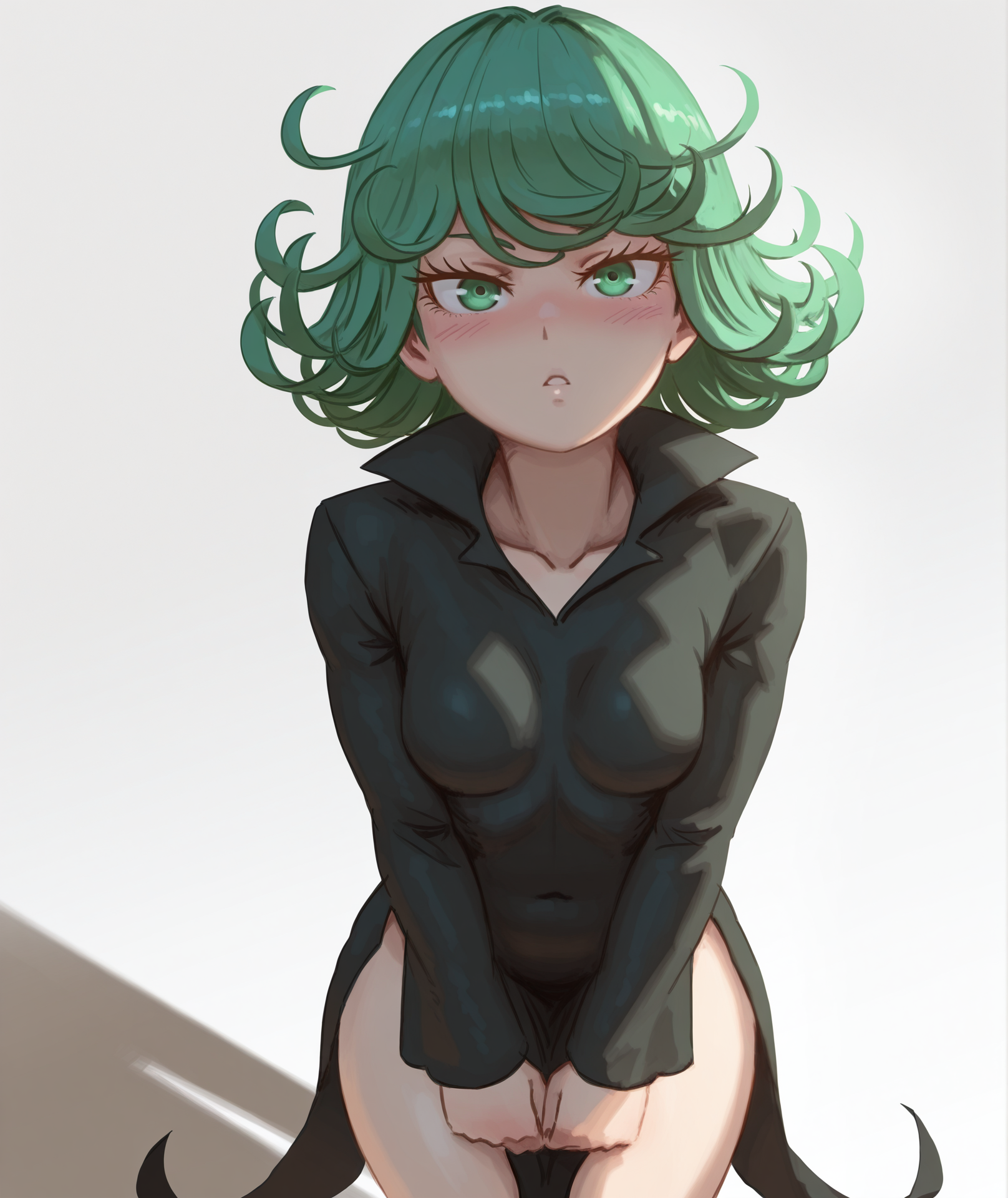 absurdres, highres, masterpiece, 2d, intricate details, 4k,
1girl, solo, female, eyelashes, nose, curly hair, green hair, bangs, blush, flipped hair, short hair, small breasts, tatsumaki,
depth of field, white background, shadow, <lora:DudeUnderscore_ILXL:1>, dudeunderscore, parody, style parody, a detailed painting, blurry,