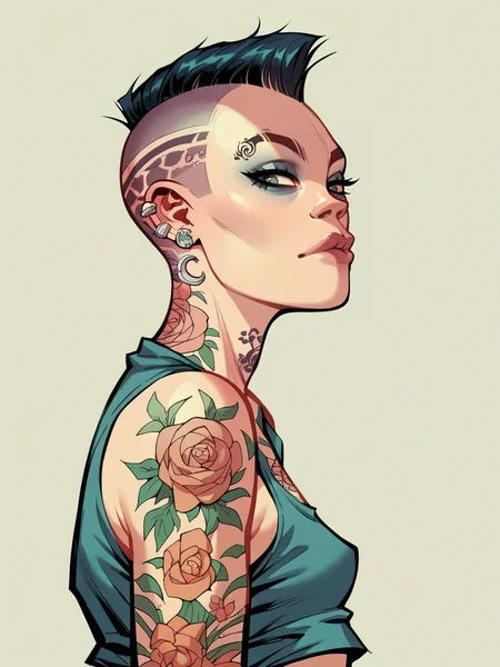 score_9, score_8_up, score_7_up, score_6_up, score_5_up, <lora:H3wl3ttXLP:1> h3wl3tt, girl, shaved head, tattoos