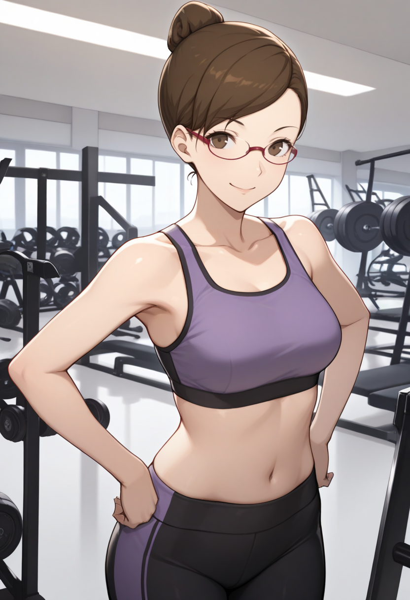 masterpiece, best quality, 1girl, solo, looking at viewer, cowboy shot, smile, gym, hands on hips
purple sports bra, black yoga pants
 <lora:zs_OunishiILLU:1> 0un1ship3, brown hair, brown eyes, glasses, single hair bun,