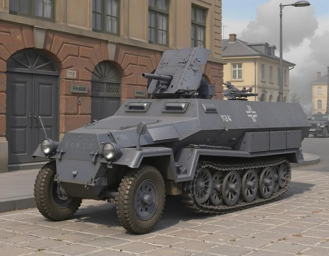 , <lora:sd-kfz-251-10:1>sd-kfz-251-10:ã
A German WWII combat vehicle equipped with a 37mm anti-tank gun on an open-top half-track.Three-quarter view.German identification mark of a cross.no humans.City streets, cobblestones, red brick, and plumes of smoke.